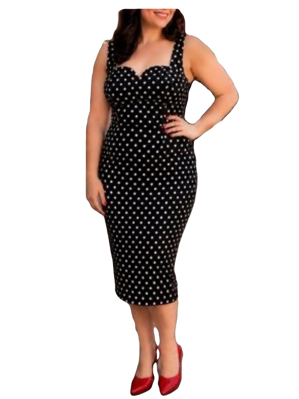 Collectif black polkadot sweetheart neckline fitted pencil retro dress XL 16